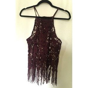 Its Pink Lace Top Split Back Size Large Eggplant Sexy Fringe Chic A3